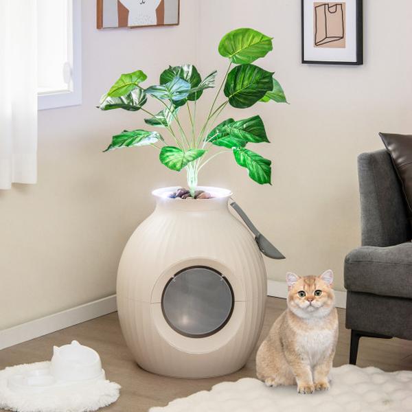 Picture of Total Tactic PV10169US-BE Smart Plant Cat Litter Box with Electronic Odor Removal & Sterilization&#44; Beige