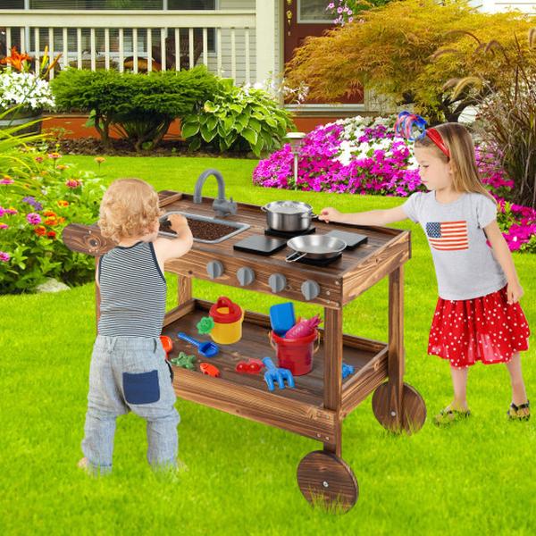 Picture of Total Tactic TY347733NA Outdoor Movable Mud Kitchen with 2 Rolling Wheels & 1 Push Handle&#44; Natural