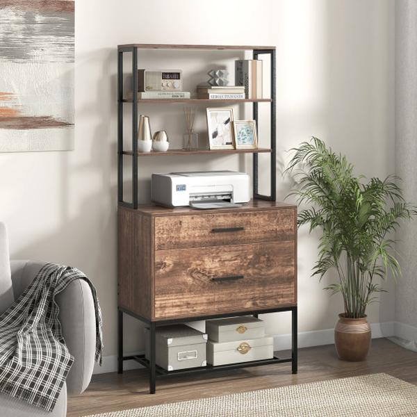 CB10569US-CF Freestanding File Cabinet with Charging Station & 3-Tier Open Shelves, Rustic Brown