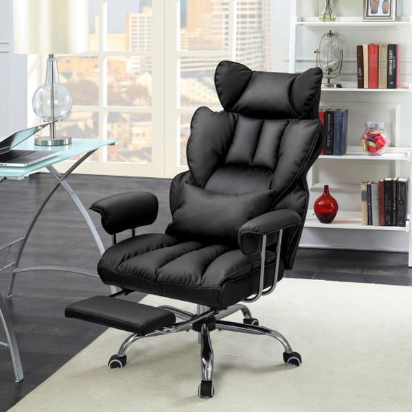 CB10647DK Adjustable Swivel Office Chair with Reclining Backrest & Retractable Footrest, Black