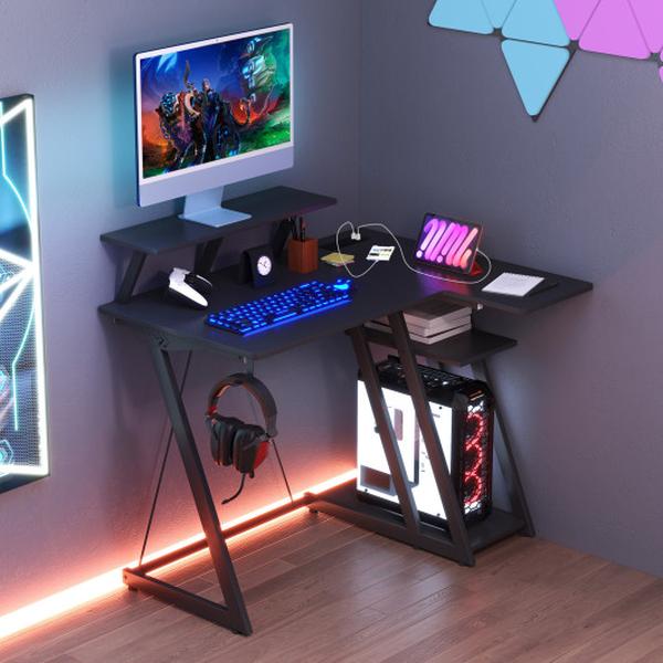 CB10584US-DK L-Shaped Gaming Desk with Outlets & USB Ports, Black