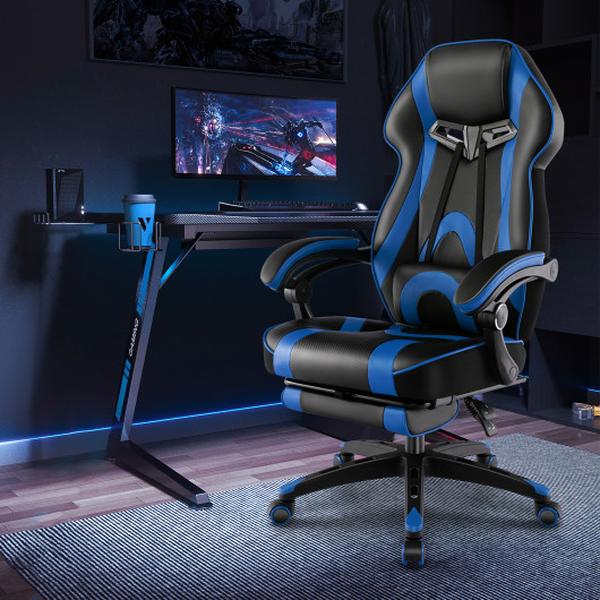 Picture of Total Tactic CB10631BL Racing Style Swivel Gaming Chair with Footrest & Adjustable Lumbar Pillow&#44; Blue