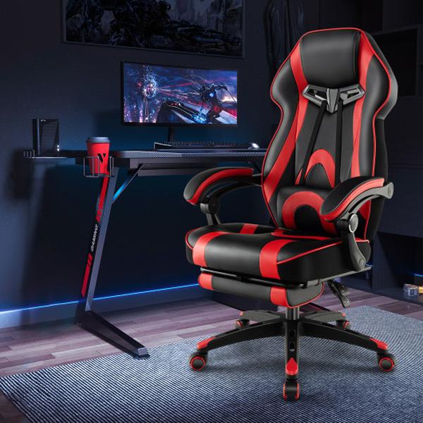 Picture of Total Tactic CB10631HS Racing Style Swivel Gaming Chair with Footrest & Adjustable Lumbar Pillow&#44; Red