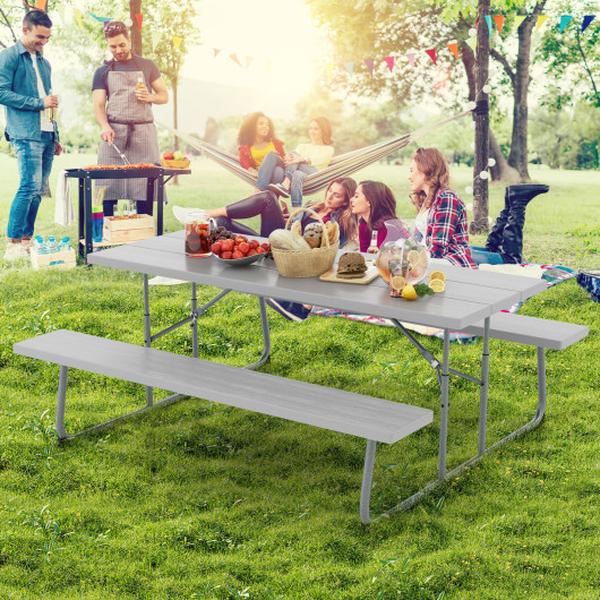 NP11267GR- Folding Picnic Table Set with Metal Frame & All-Weather HDPE Tabletop Umbrella Hole, Grey