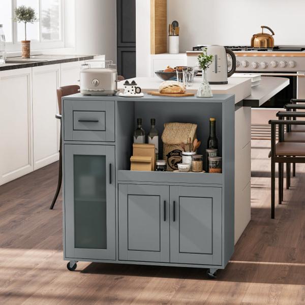 KC56951GR Rolling Kitchen Island Storage Cabinet with Wheels Drawer & Glass Door Cabinet, Grey