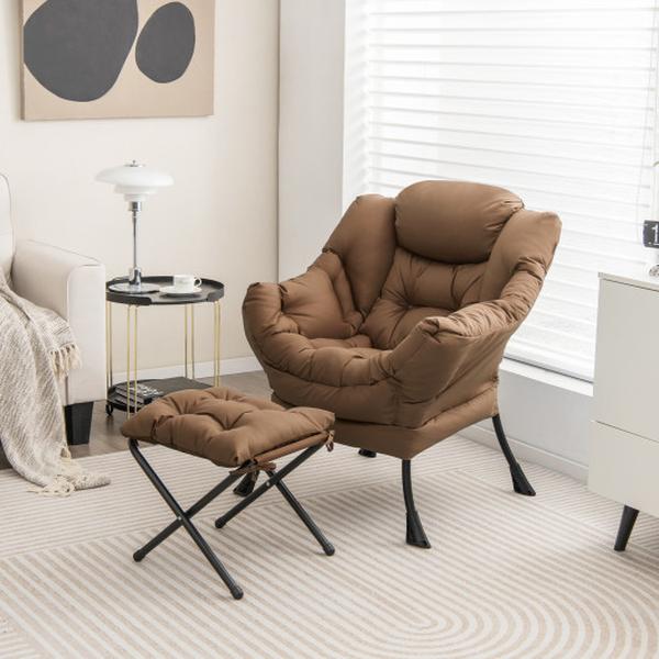 NP10119CF Modern Accent Sofa Chair with Folding Footrest & Side Pocket, Brown