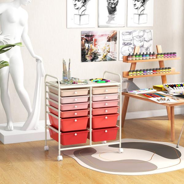 HW56500PI 12 Drawers Rolling Storage Cart with Removable Drawers & Lockable Wheels, Pink