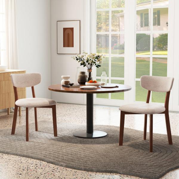 JV11608BN Upholstered Mid-Back Dining Chair with Solid Rubber Wood Frame, Beige - Set of 2
