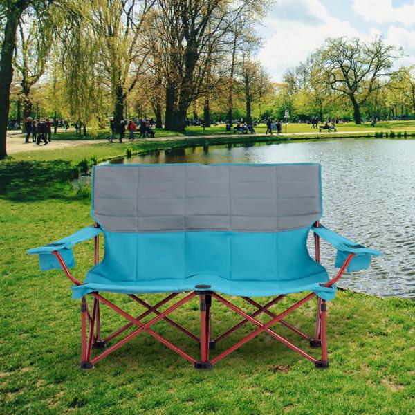 NP11631NY Oversized Camping Chair Folding Loveseat Camping Couch with Cup Holders & Thick Padding, Blue