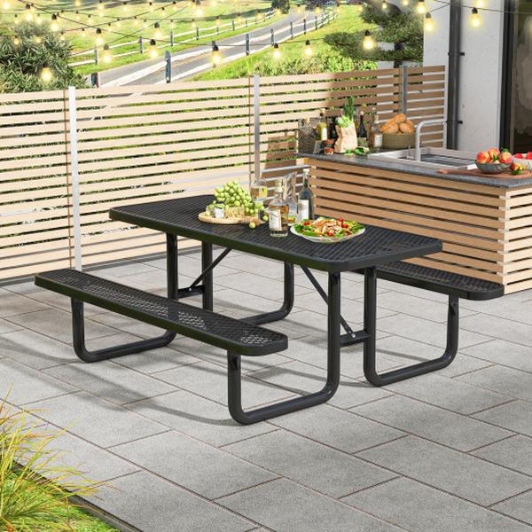 NP11794BK Outdoor Picnic Table & Bench Set for 8 Person with Seats & Mesh Grid, Black