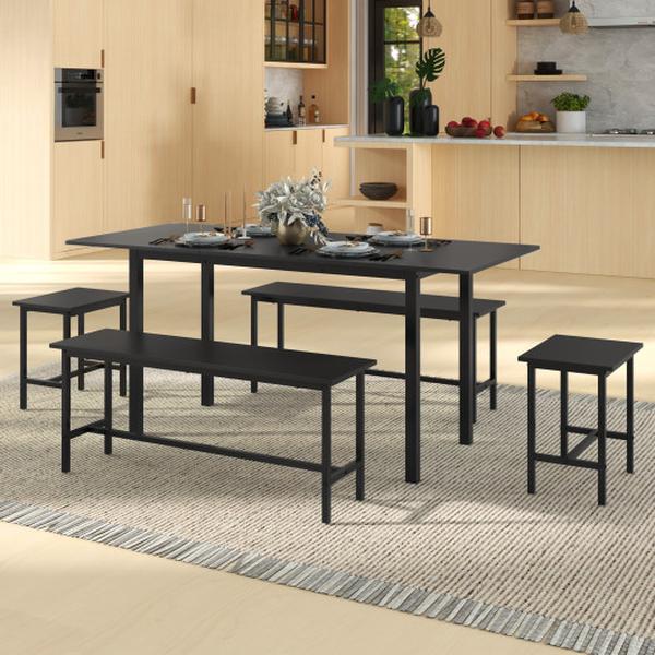 Picture of Total Tactic KC56880BK Dining Table Set for 4-6 People with 2 Benches & 2 Stools for Kitchen Dining Room&#44; Black - 5 Piece