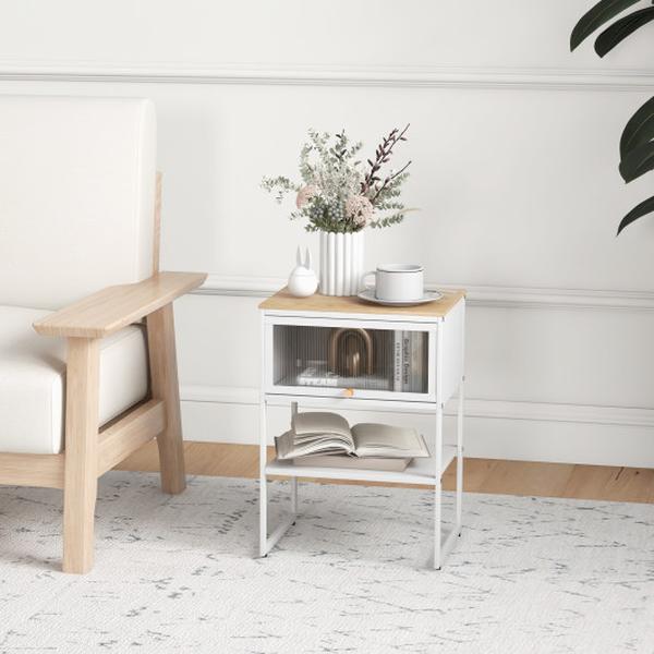 JV11057WH Nightstand with Flip Up Door Storage Shelf, White