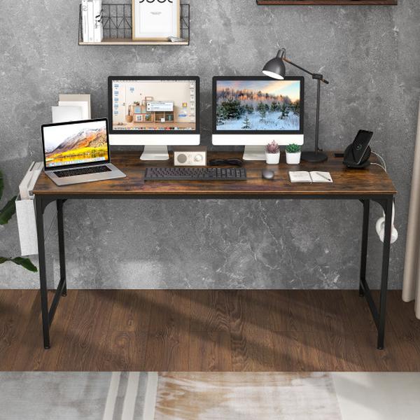 JV11154US-CF 60 in. Computer Desk with Charging Station Storage Bag, Rustic Brown