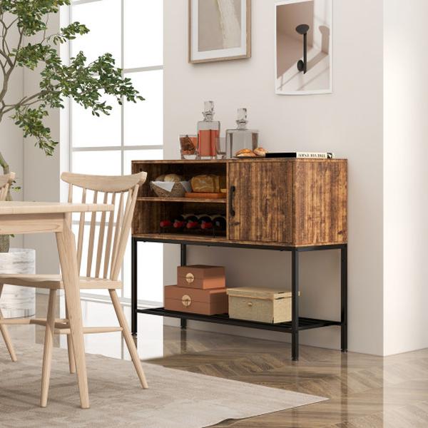 JV11215US-CF Buffet Sideboard Coffee Bar Cabinet with Power Outlets & USB Ports, Rustic Brown