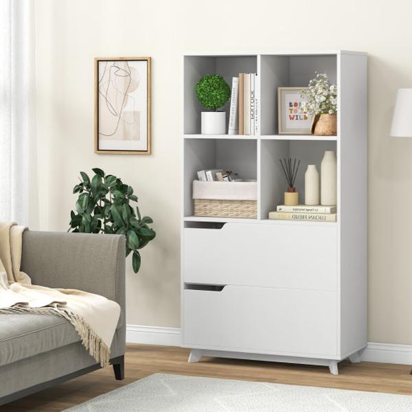 JV11472WH 4-Tier Open Bookcase with 2 Drawers & 4 Storage Cubes, White