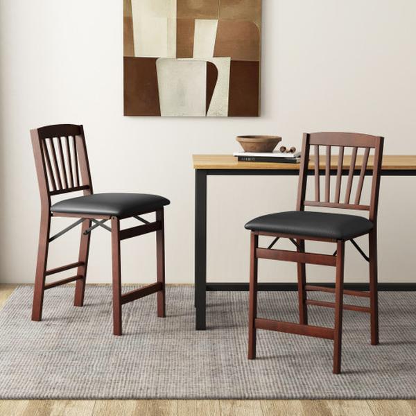 JV11569BN Counter Height Chairs Folding Kitchen Island Stools with Padded Seat, Brown - Set of 2