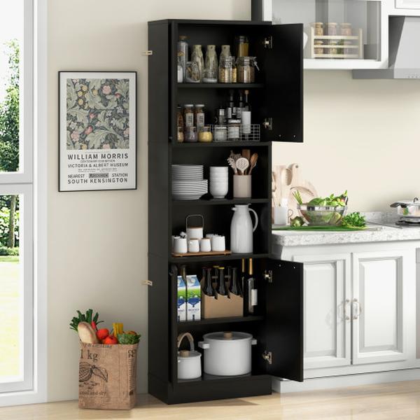 JV11680DK- 75 in. Tall Cupboard Kitchen Pantry Cabinet with Soor & Shelves, Black