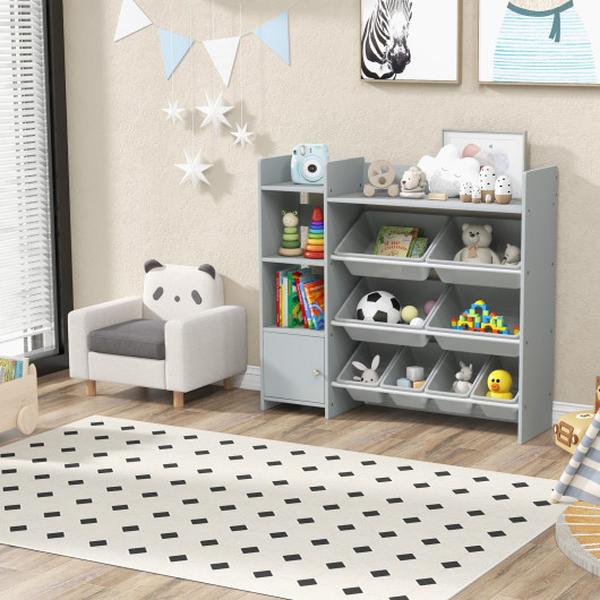 JZ10166GR Kids 4-Tier Bookshelf & Toy Storage Rack with 8 Toy Organizer Bins, Grey