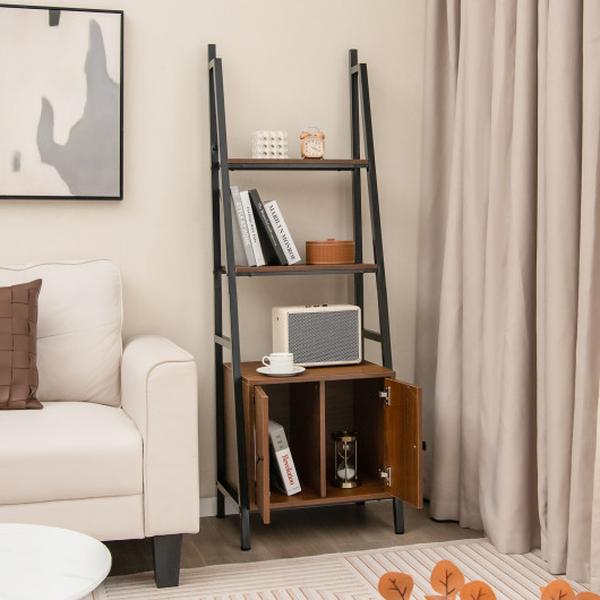 HW67476CF 4-Tier Ladder Shelf with Cabinet & Metal Frame, Rustic Brown