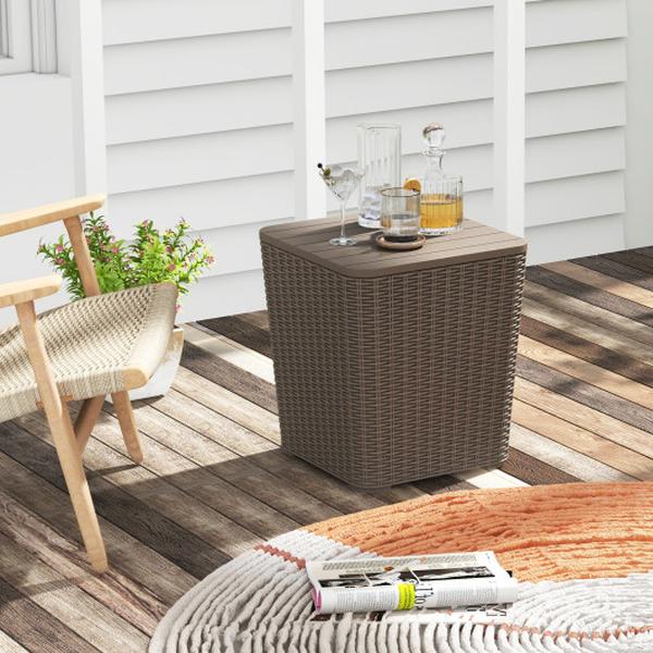 NP11634CF Outdoor Resin Storage Side Table with Removable Lid & Wicker-Woven Accent, Coffee