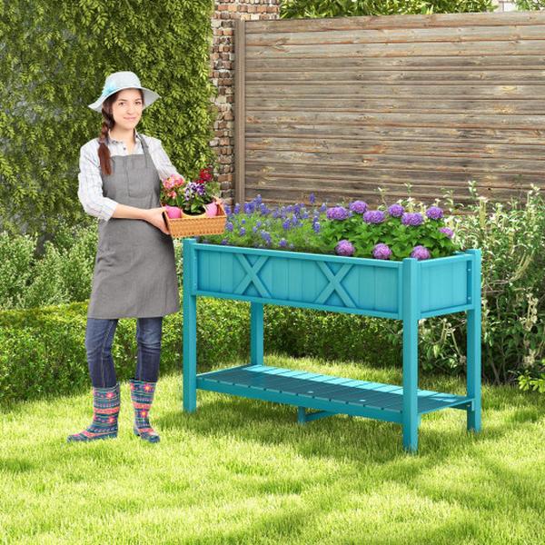GT4113BL Poly Wood Elevated Planter Box with Legs Storage Shelf Drainage Holes, Blue