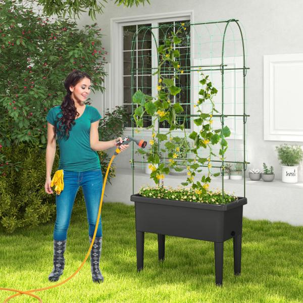 GT4163BK Self-Watering Raised Garden Bed Elevated Planter with Climbing Trellis, Black