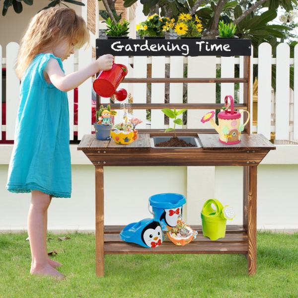 Picture of Total Tactic TY347735NA Wooden Potting Bench Table Outdoor Mud Kitchen with Solid Fir Wood Frame&#44; Natural