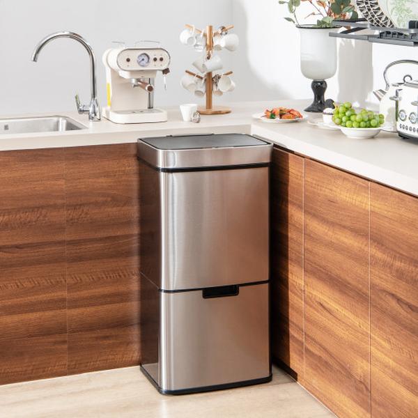 GY10018SL 19 gal Stainless Steel Trash Can with Kitchen Waste Bin & 2 Bottom Recycling Bins, Silver