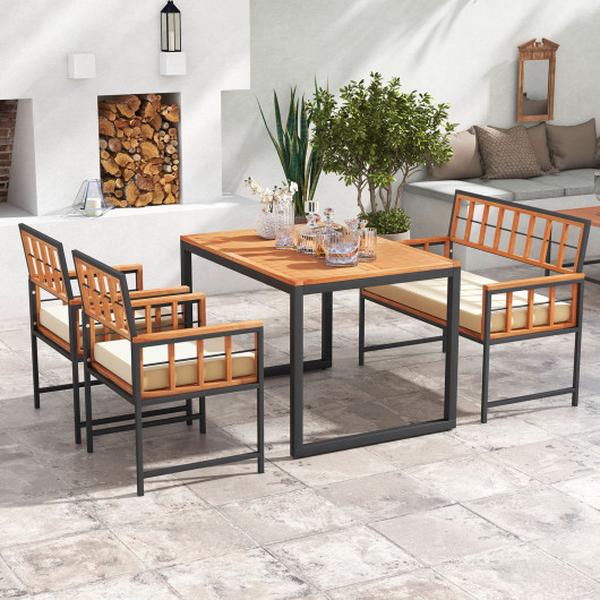 HW71668BN- Acacia Wood Patio Dining Set with 1 Rectangular Table, Natural - 4 Piece