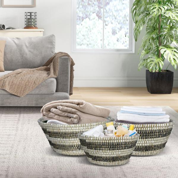 JZ10264 Natural Canes Grass Baskets Stackable Storage Bins with Hollowed Handles - Set of 3