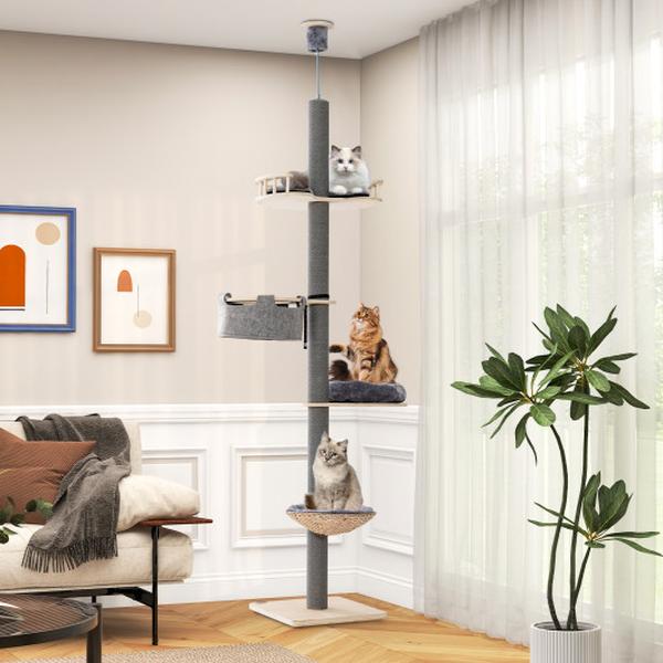 Picture of Total Tactic PV10154GR Floor to Ceiling Cat Tree with 93 in.-107 in. Adjustable Height&#44; Grey