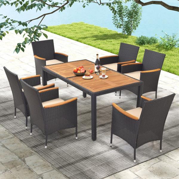 HW71909- Outdoor Dining Set with Umbrella Hole for Backyard - 7 Piece