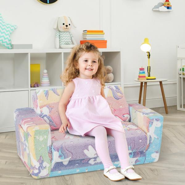 HY10150CL 2-in-1 Flip Out Kids Sofa Chair with Detachable Flannel Fabric Cover & Glowing Patterns
