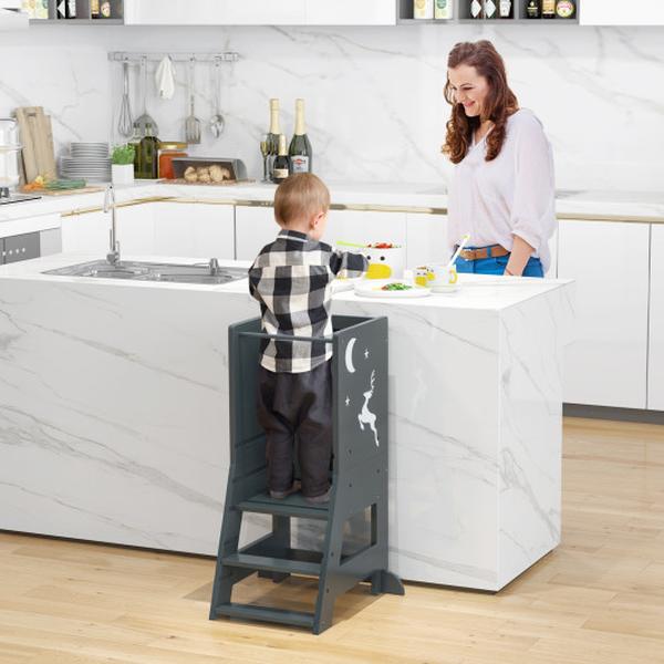 HY10196GR Toddler Kitchen Stool Helper Baby Standing Tower with Chalkboard & Whiteboard, Grey -  Total Tactic