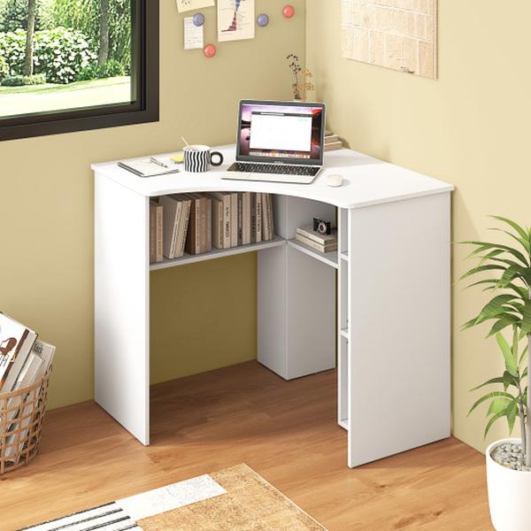 JV11699WH Triangle Home Office Corner Computer Desk with Adjustable Shelf & Arc-Shaped Profile, White