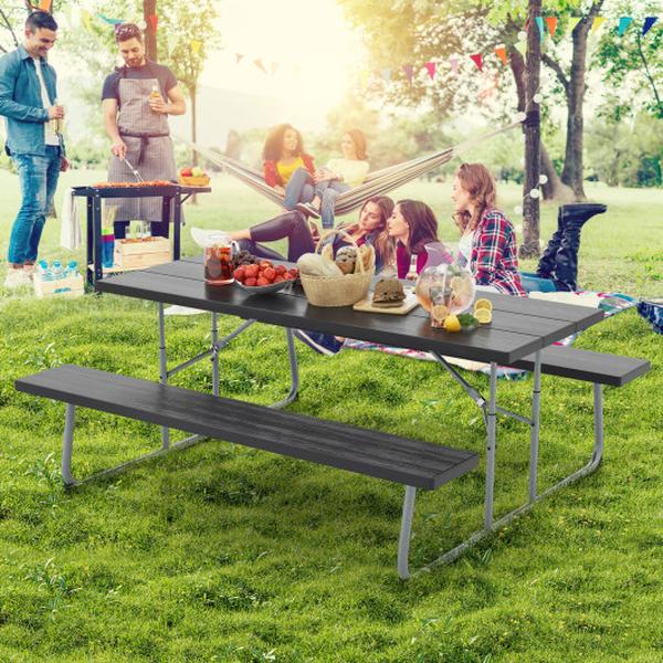 NP11267BK- Folding Picnic Table Set with Metal Frame & All-Weather HDPE Tabletop Umbrella Hole, Black