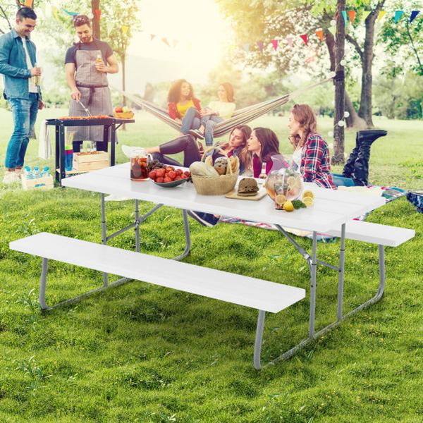 NP11267WH- Folding Picnic Table Set with Metal Frame & All-Weather HDPE Tabletop Umbrella Hole, White