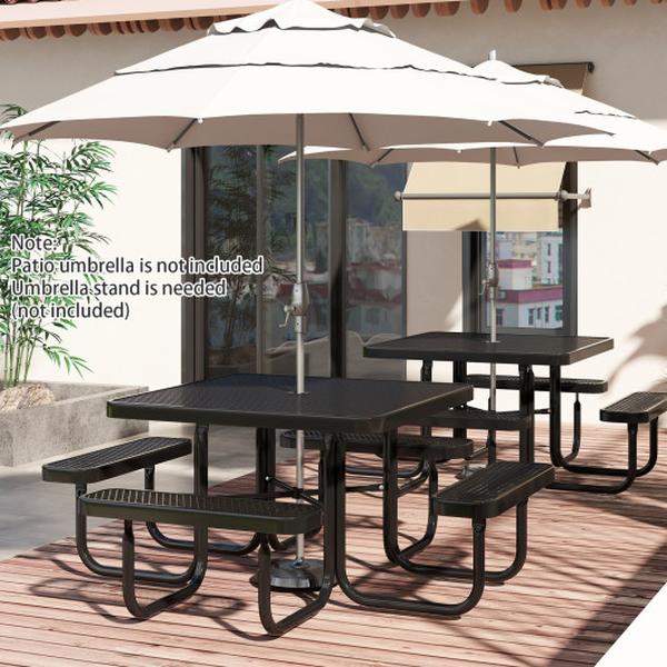 NP11797BK Square Picnic Table & Bench for 8 Person with Seats & Umbrella Hole, Black