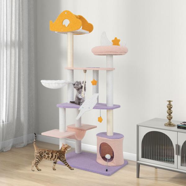 Picture of Total Tactic PV10139PU 66 in. Cute Cat Tree Cats Multi-Level Tall Cat Tower with Sisal Covered Scratching Posts&#44; Purple