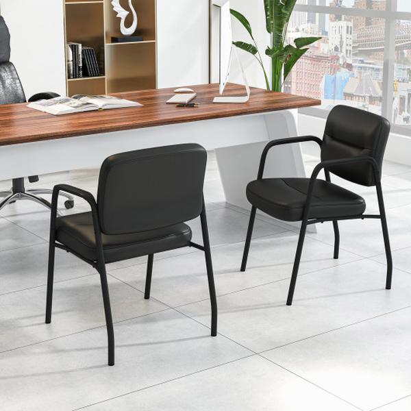CB10597DK-2 Waiting Room Upholstered Reception Guest Chair with Mixed PU Leather & Integrated Armrests, Black - Set of 2