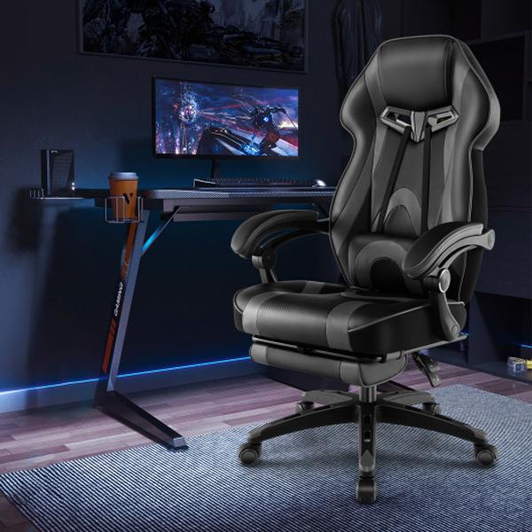 Picture of Total Tactic CB10631GR Racing Style Swivel Gaming Chair with Footrest & Adjustable Lumbar Pillow&#44; Grey