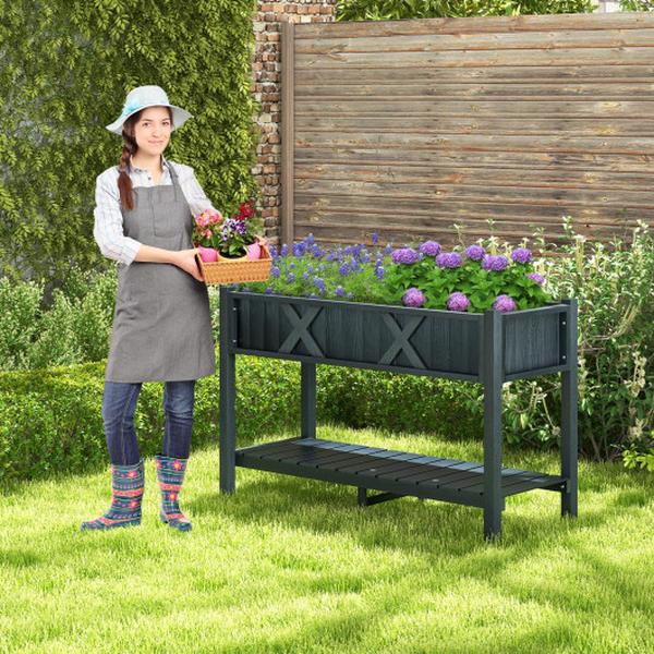 GT4113HS Poly Wood Elevated Planter Box with Legs Storage Shelf Drainage Holes, Black