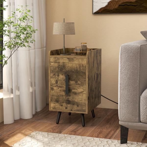 HU10585US-CF Nightstand Side Table with 2 Drawers & 2 USB Ports, Rustic Brown