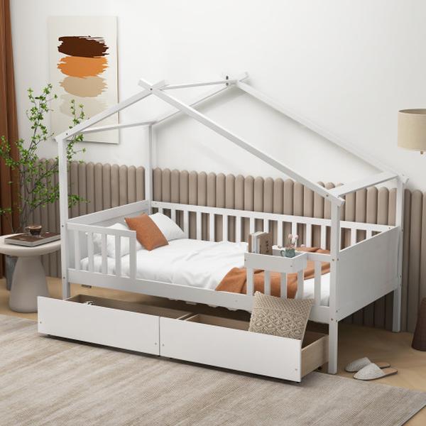 HU10753WH Twin Size House Bed with 2 Storage Drawers & Roof & Fence Rails, White -  Total Tactic