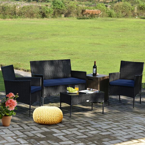 HW65357NY Patio Rattan Cushioned Sofa Set with Tempered Glass Coffee Table, Navy - 4 Piece