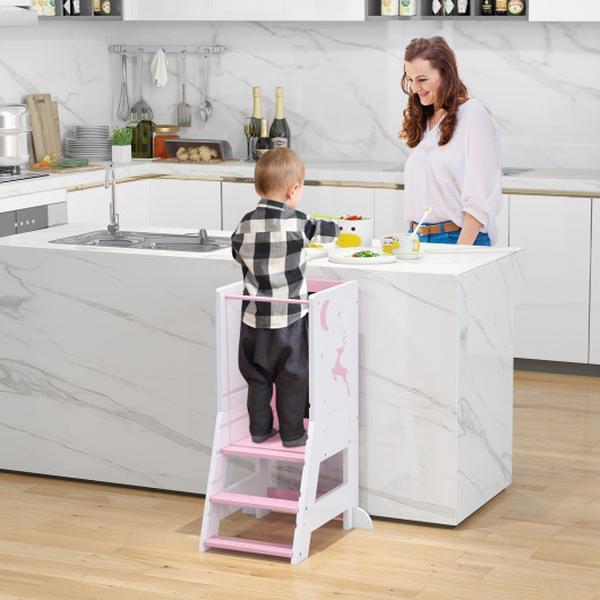 HY10196PI Toddler Kitchen Stool Helper Baby Standing Tower with Chalkboard & Whiteboard, Pink -  Total Tactic