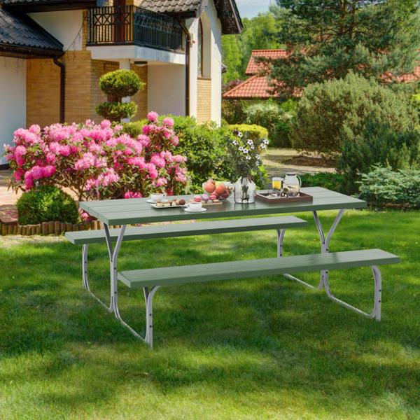 NP11266LS 6 ft. Picnic Bench Dining Table & 2 Benches with Metal Frame & HDPE Tabletop, Green
