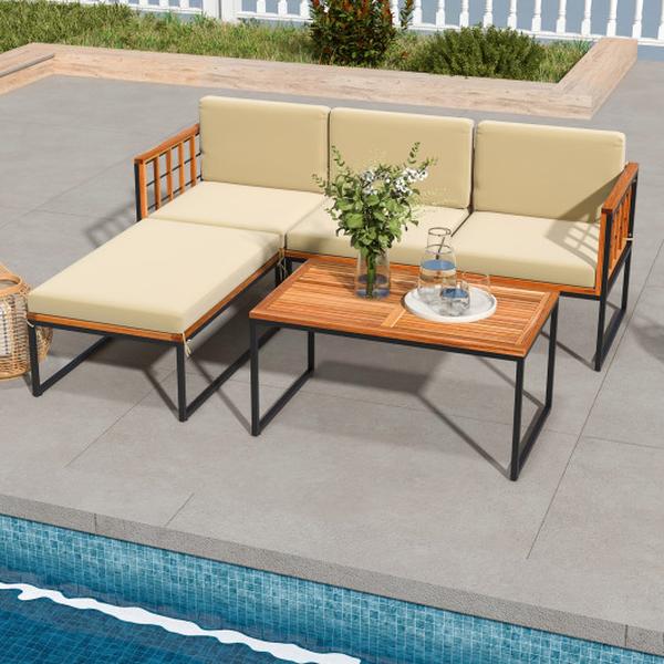 HW71665BN Patio Acacia Wood Sectional Set with Heavy-Duty Metal Frame, Beige - 5 Piece