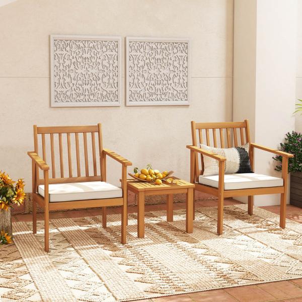 HW72094WH Patio Wood Furniture Set with soft Cushions for Porch, White - 3 Piece