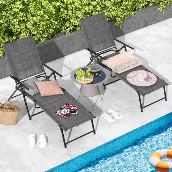 NP11397GR-2 Patio Folding Chaise Lounge Chairs Recliner with 6-Level Backrest, Grey - 2 Piece